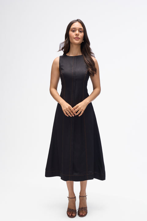 Jane Black panelled a-line midi dress with contrast topstitching by Mazikien, front view