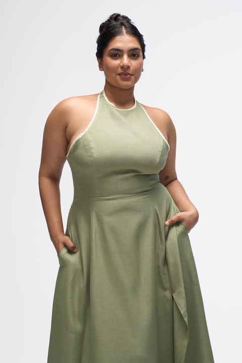 Siena Matcha & White contrast trim halter midi dress by Mazikien, front view