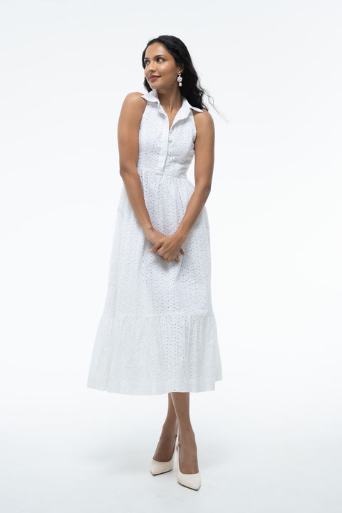 Clyde White Schiffli sleeveless tiered midi shirtdress by Mazikien, front view