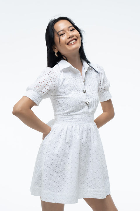 Heather White Schiffli fit-and-flare mini shirtdress by Mazikien, front view