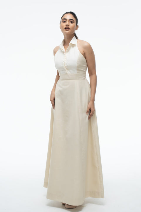 Milana Beige collared halter-neck maxi dress by Mazikien, front view