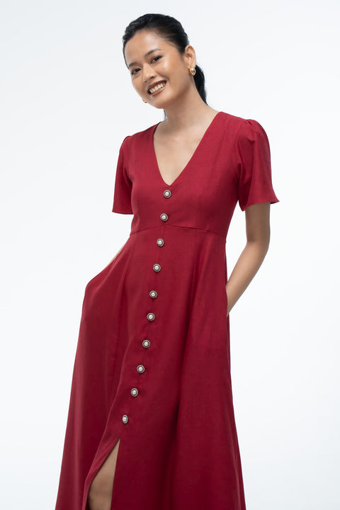 Audrey Maroon v-neck button-front midi dress by Mazikien, front view
