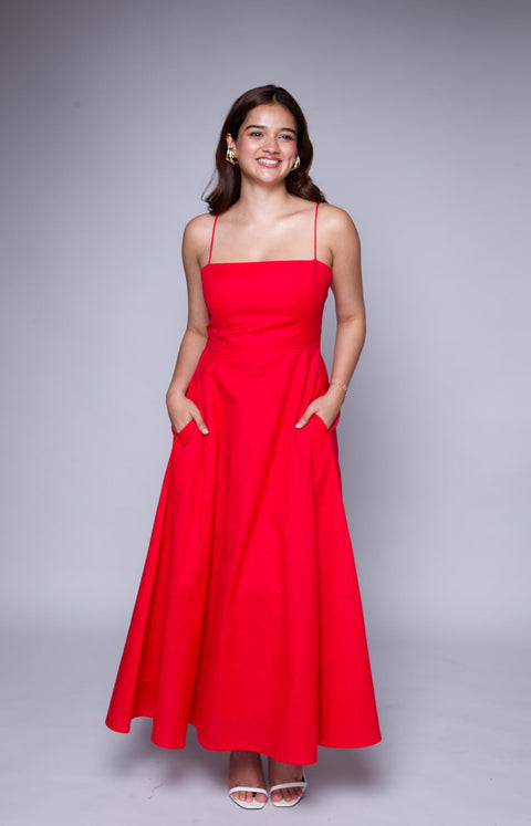 Polly Red square neck fit-and-flare midi dress by Mazikien, front view