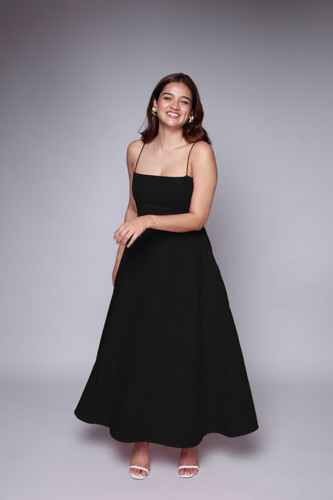 Polly Black square neck fit-and-flare midi dress by Mazikien, front view