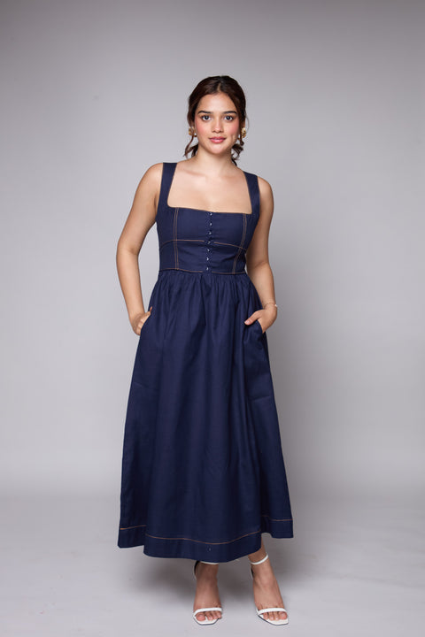 Rhonda Navy Blue square neck denim midi dress by Mazikien, front view