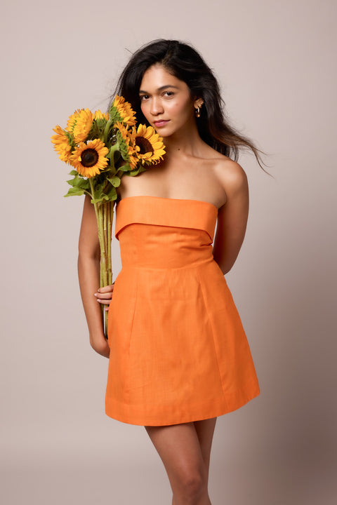 Eva Orange strapless fit-and-flare mini dress by Mazikien, front view