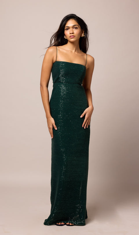 Rachel Bottle Green sequin column evening gown by Mazikien, front view