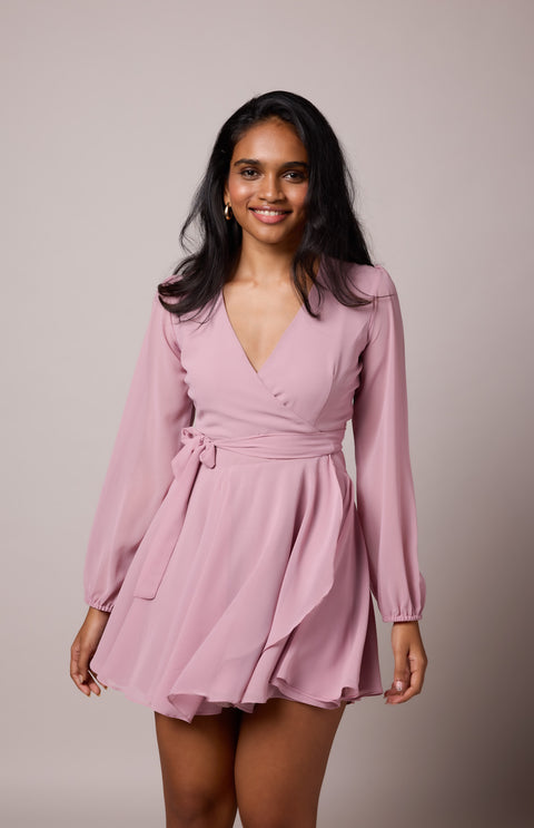 Raya Mauve long-sleeve wrap mini dress by Mazikien, front view