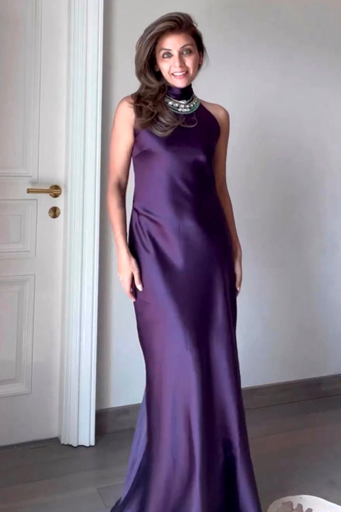 Addison Deep Purple embellished high-neck halter gown by Mazikien, front view