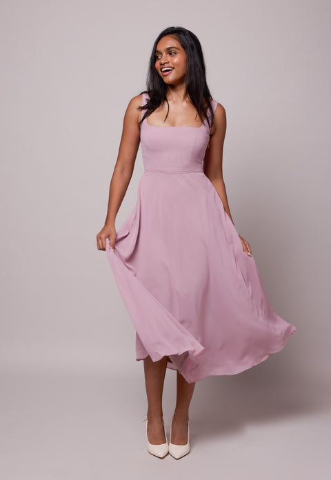 Olivia Mauve square neck fit-and-flare midi dress by Mazikien, front view
