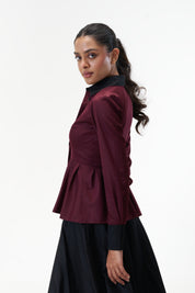 Remy Maroon peplum poplin shirt with contrast collar by Mazikien, view 10