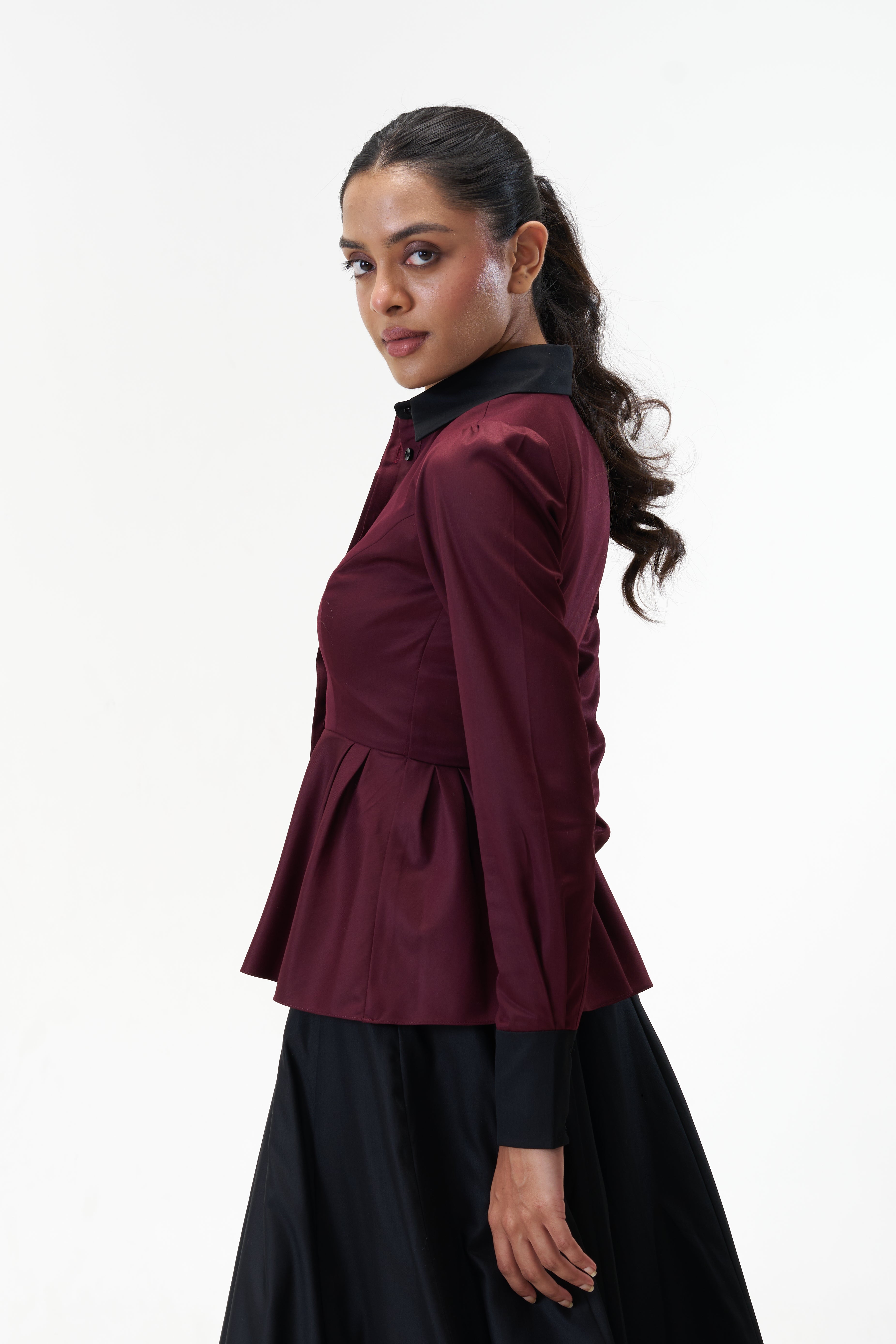 Remy Maroon peplum poplin shirt with contrast collar by Mazikien, view 10