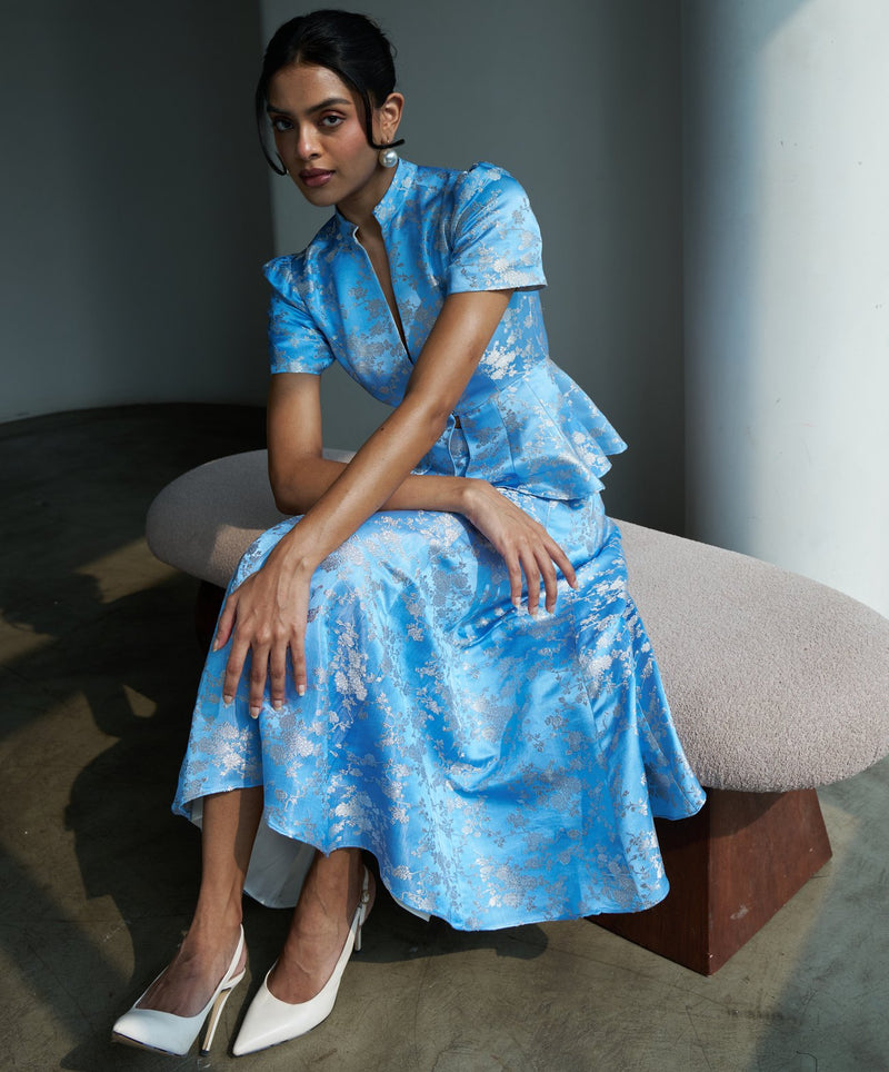 Tara brocade top and skirt in pastel blue from the Mazikien Jeanne collection