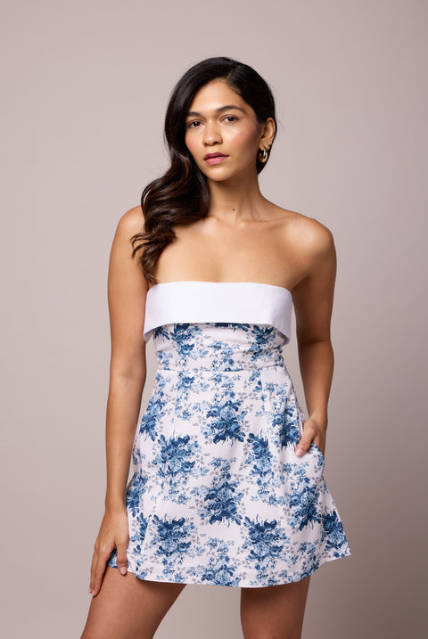 Margot Blue convertible strapless/spaghetti strap floral mini dress by Mazikien, front view